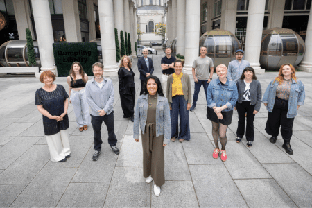 Group photograph of the artists, Fellows and partner organisations involved in Spotlight on Theatre and Dance from Northern Ireland 2026 at the Edinburgh Festival Fringe launch.